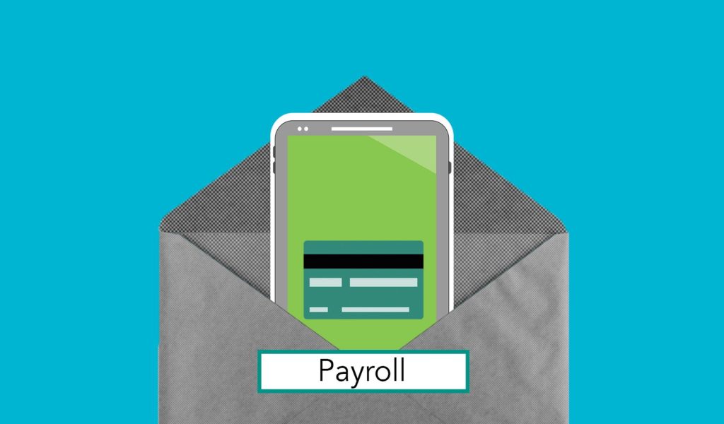 Illustration of a mobile phone with a payroll app inside an envelope